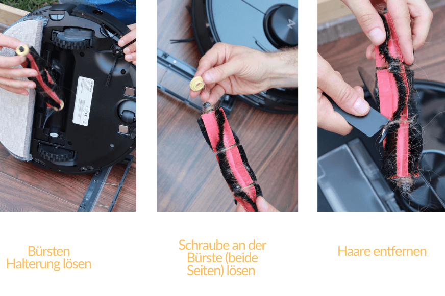 Festsitzende Haare werden aus der Hauptbürste des Roborock S6 MaxV mit Hilfe des mitgelieferten Reinigungswerkzeugs entfernt.